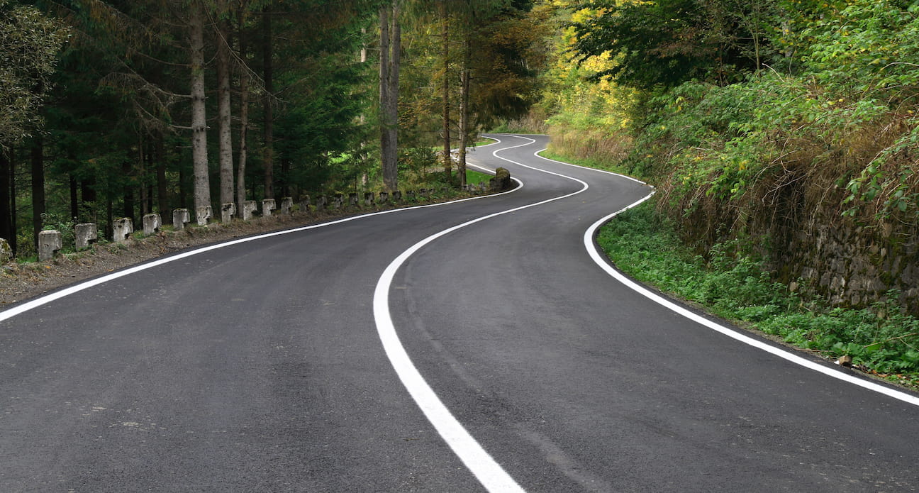 a winding road through a forest