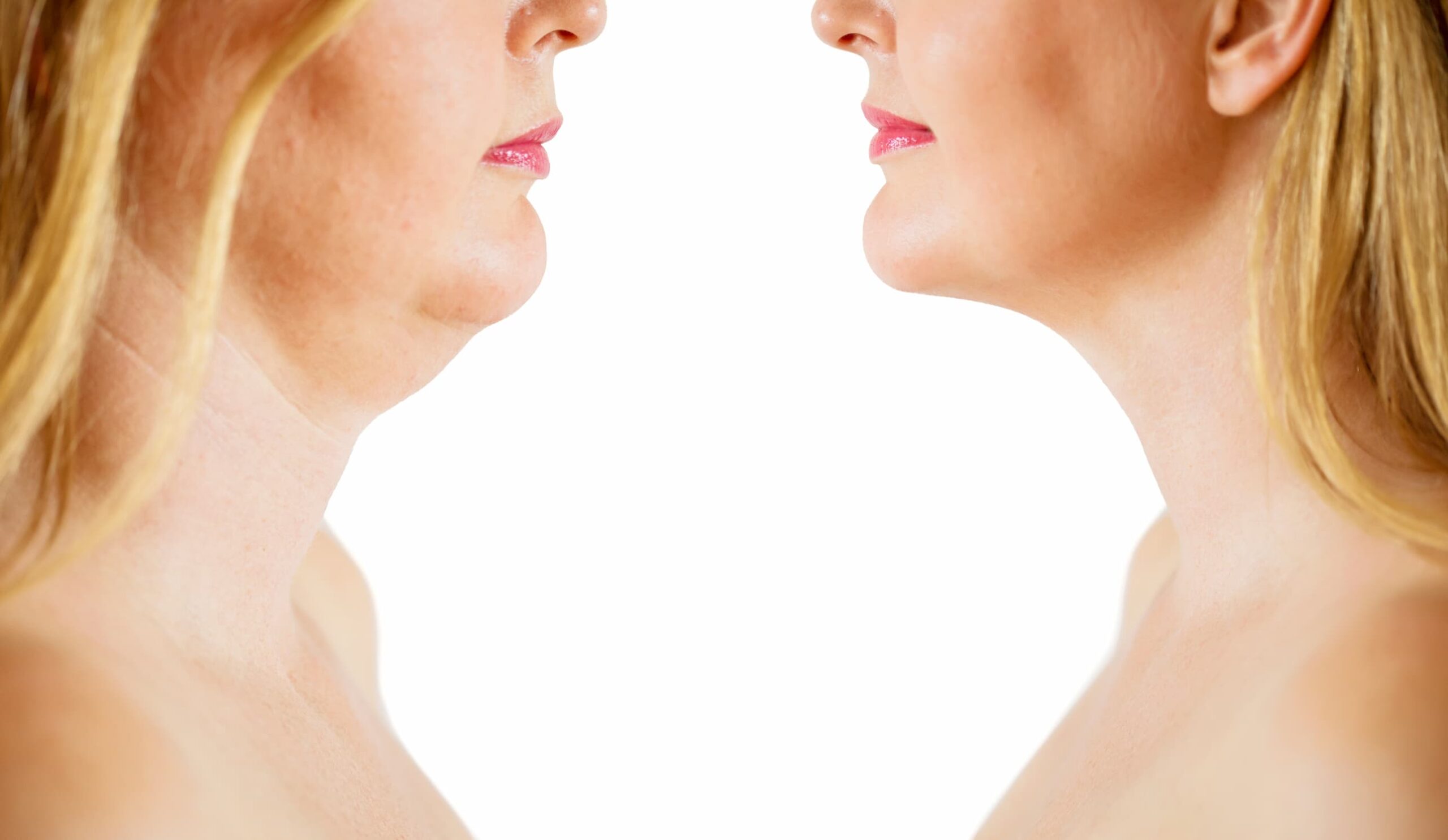 Profiles of a woman of two different weights facing herself.